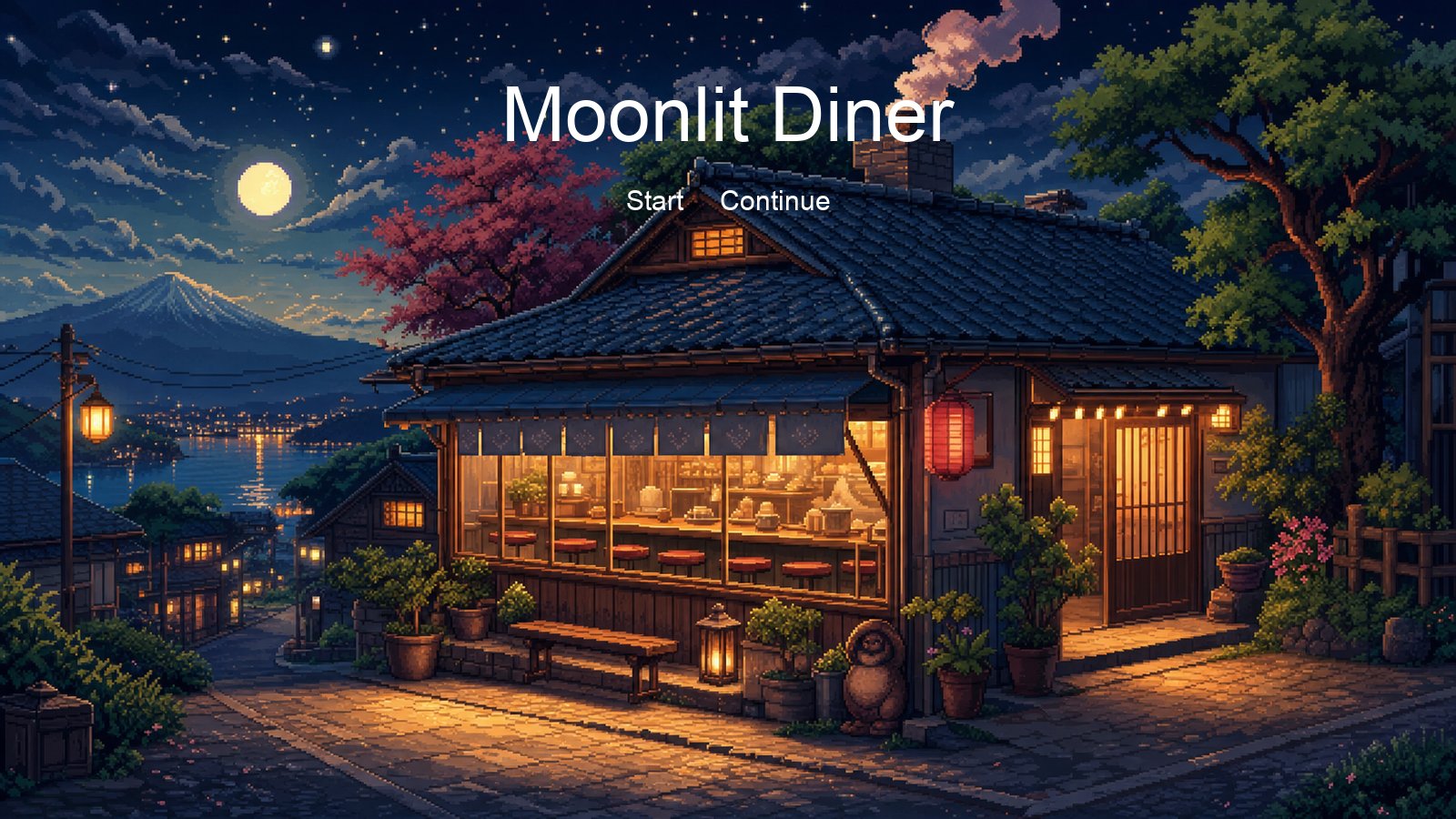 Cozy pixel-art diner title screen with a smooth default font clashing with the pixel art