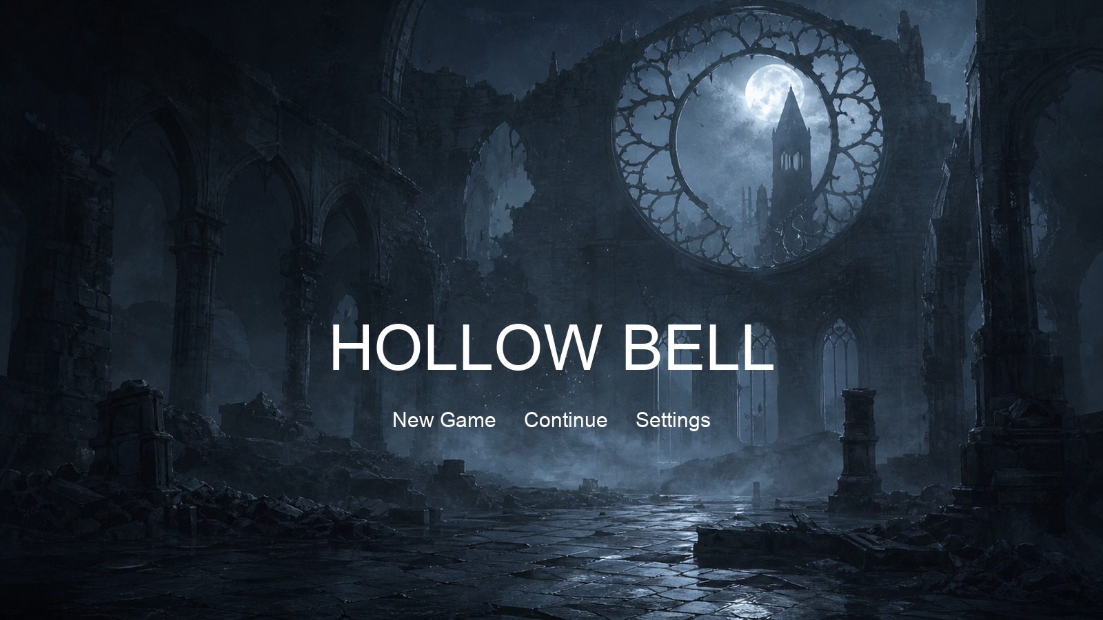 Gothic horror game title screen with a plain default font that deflates the atmosphere